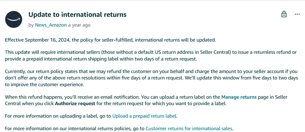 image showing amazon changed return policy for international returns